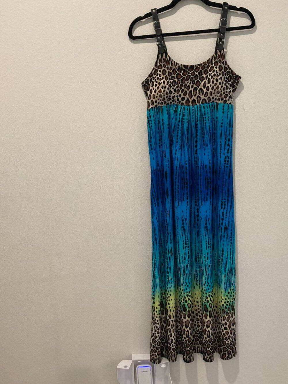 Fresh of LA Leopard Blue Ombre Faux Leather Strap Maxi Dress